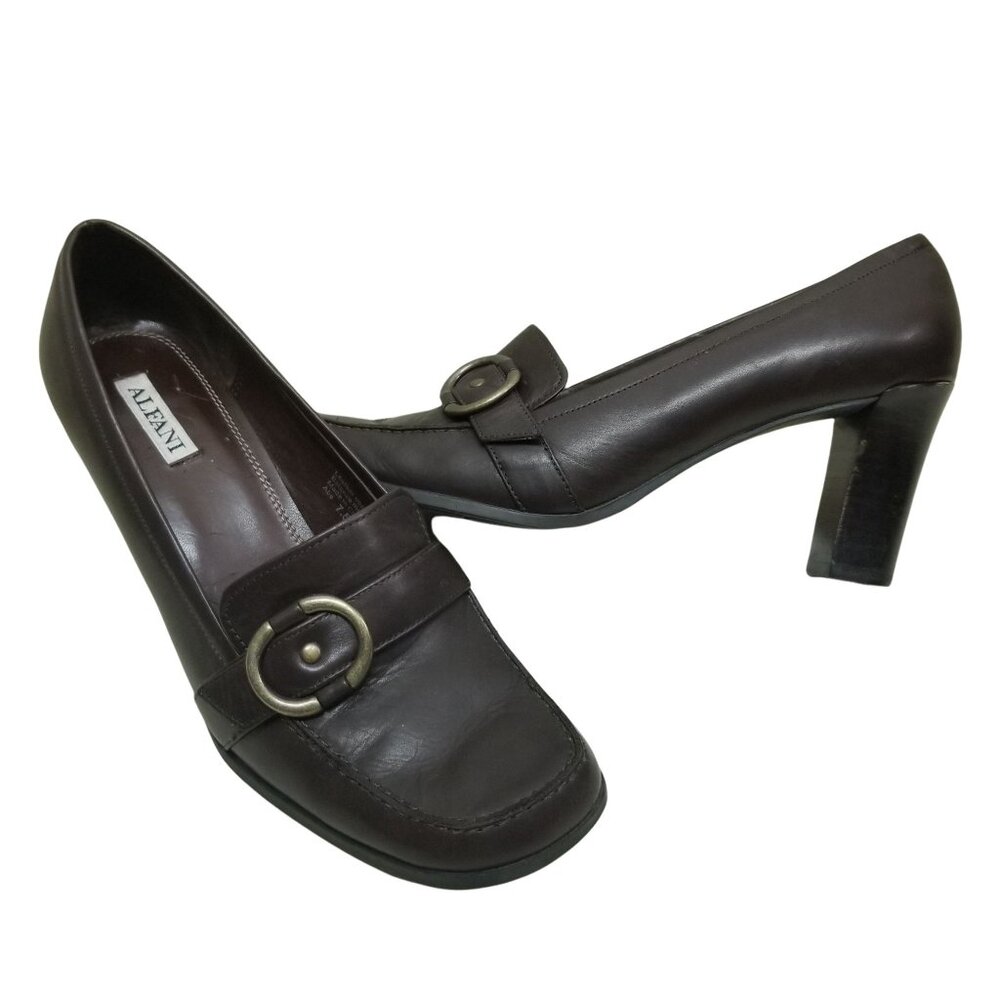 Alfani 7.5 Brown Leather Chunky Heels Pump Shoes‎ ABE School Girl Cosplay Y2K